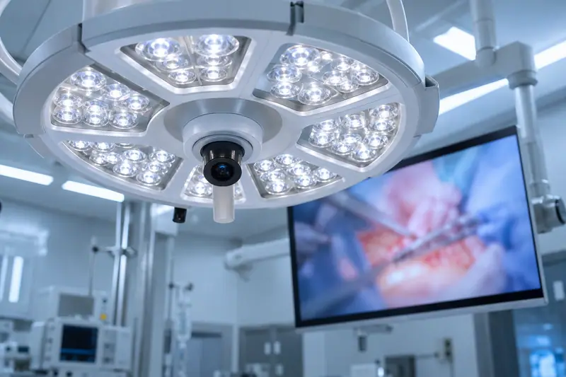 Ceiling-mounted LED surgical lights with an integrated camera module and a monitor showing the operative field