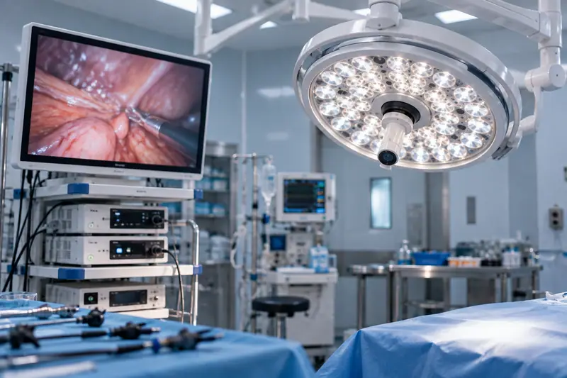 A laparoscopic endoscopy tower and monitor beside an LED surgical light with a camera in its central handle