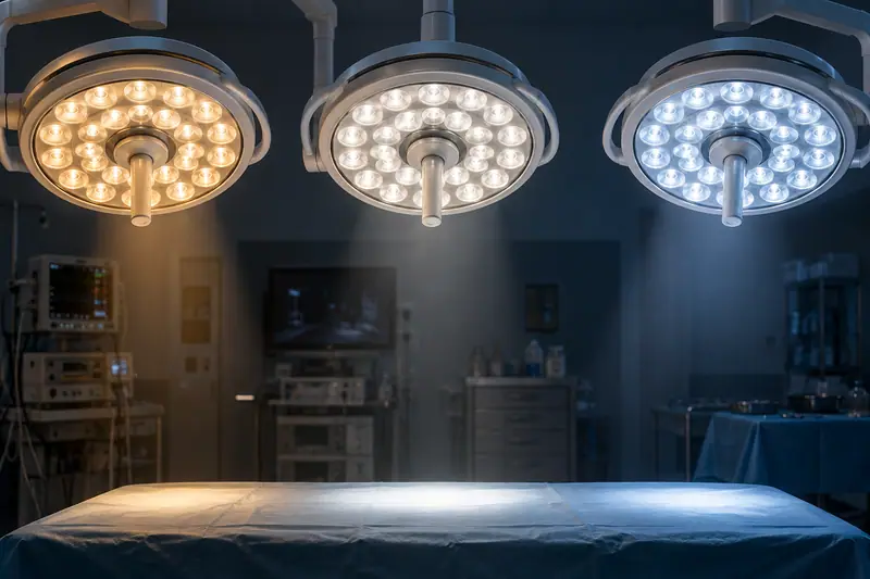 Three LED surgical light domes glowing warm white, neutral white and cool white above an operating table