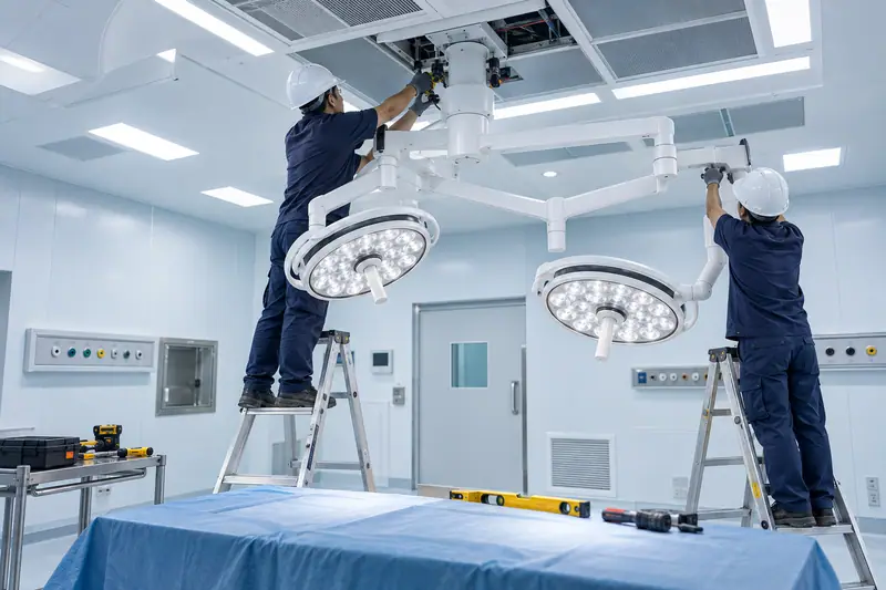 Technicians installing a ceiling-mounted surgical light central axis in an unfinished operating room
