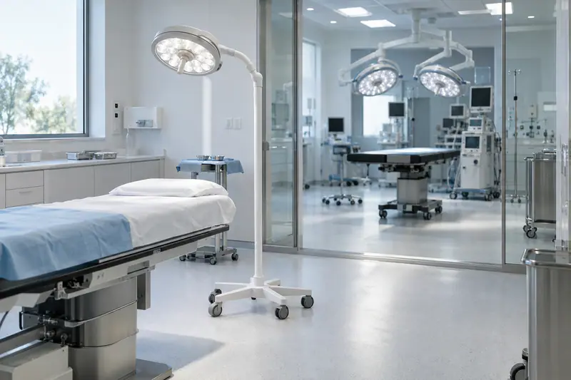 A mobile LED surgical light in a procedure room with ceiling-mounted double-dome lights in the operating theatre behind