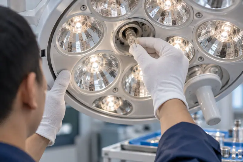 A technician wearing gloves replacing a halogen capsule bulb inside a multi-reflector surgical lamp head