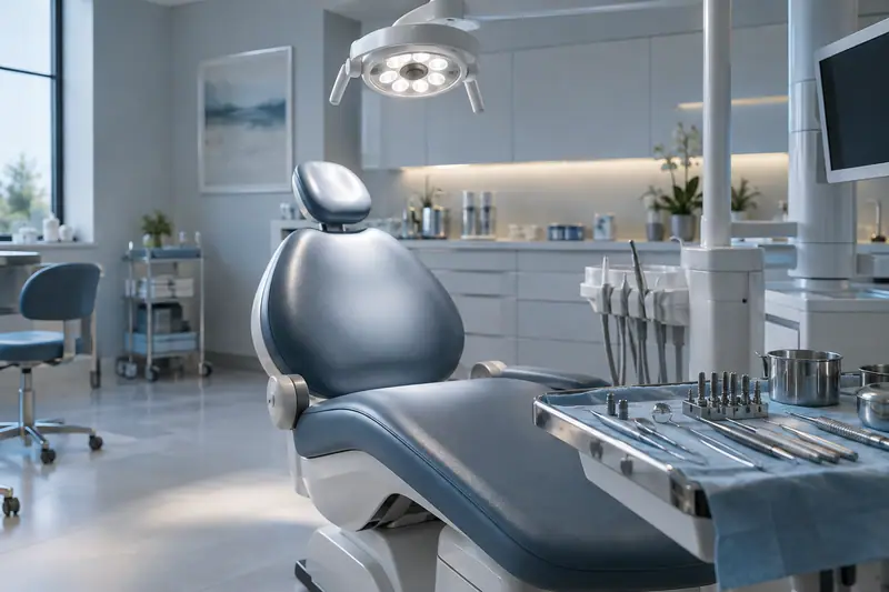 A dental implant surgery room with an LED surgical light positioned over the patient chair