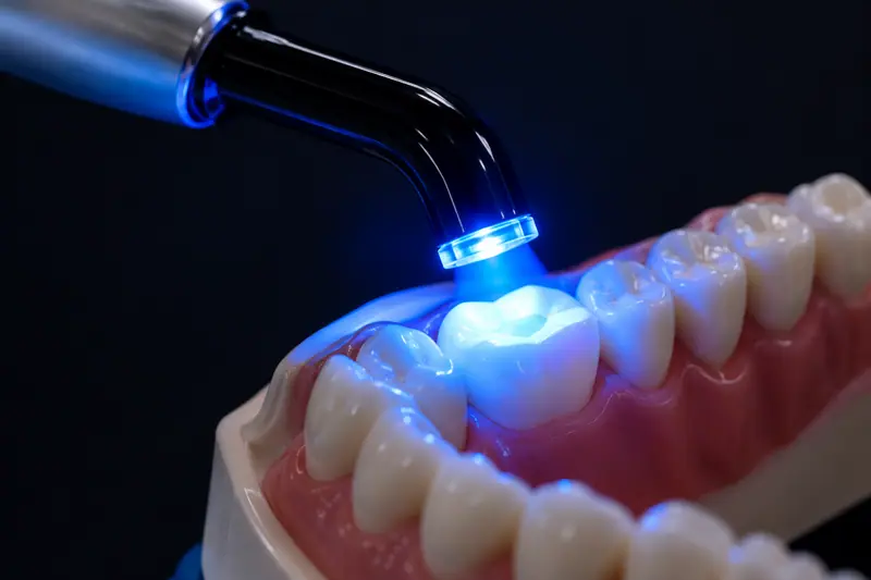 A blue LED dental curing light polymerising composite resin on a dental model