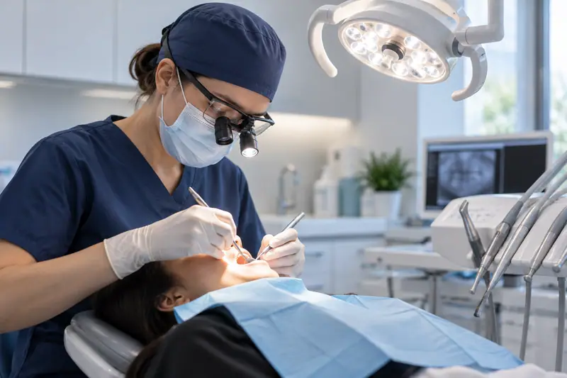 A dentist wearing loupes with a loupe light treating a patient under a ceiling-mounted dental operatory light