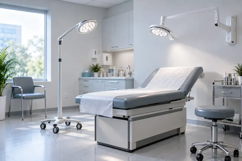 An LED examination light on a flexible arm illuminating an examination couch in a bright clinic room