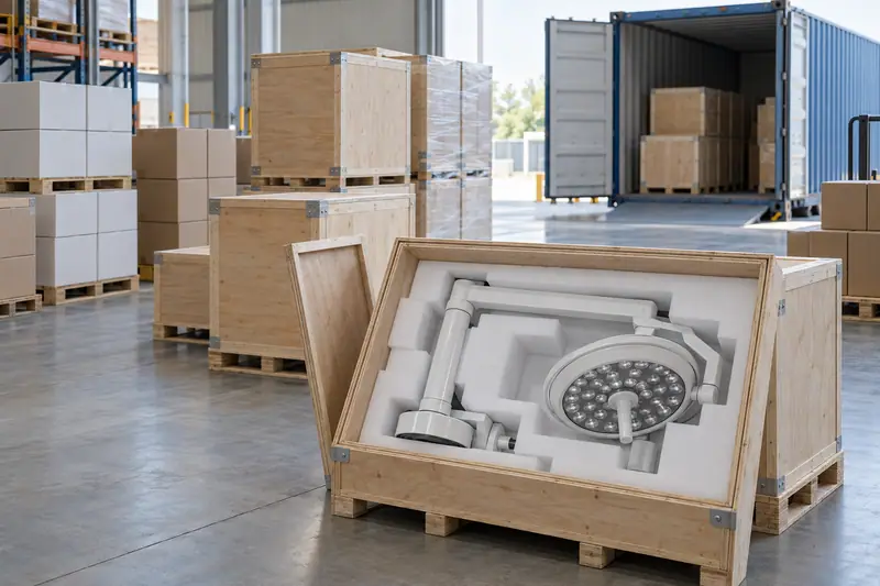 Export cartons and crates of medical equipment prepared for container shipping in a clean warehouse