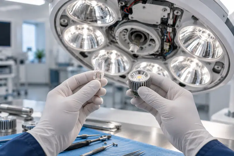 Gloved hands holding a halogen capsule bulb and an LED module in front of an opened multi-reflector surgical lamp head