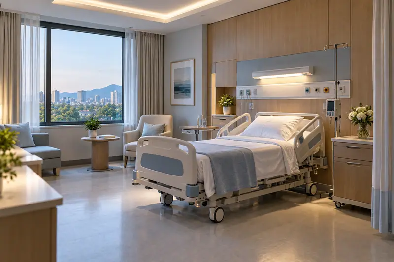 A modern hospital patient room with even LED ceiling lighting and a bed-head light