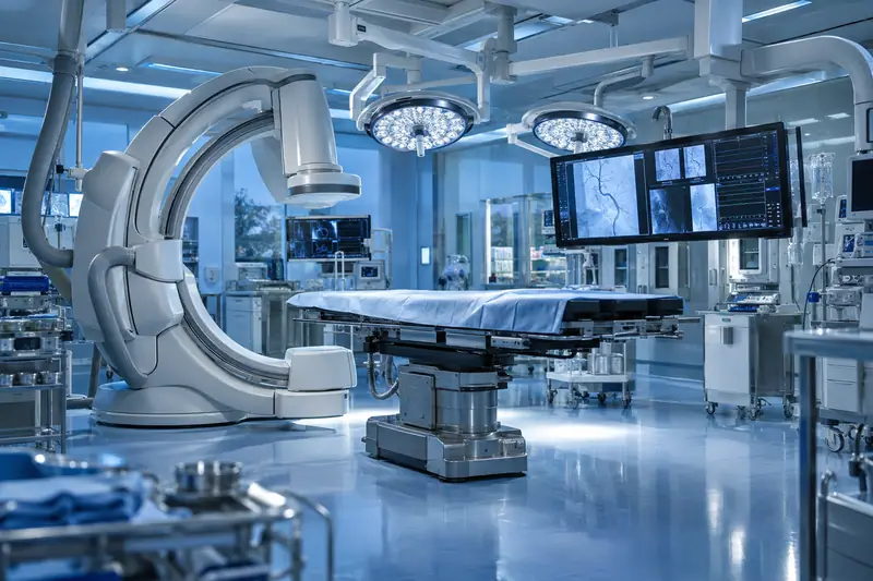 A hybrid operating room with a robotic C-arm imaging system, large monitors and LED surgical lights