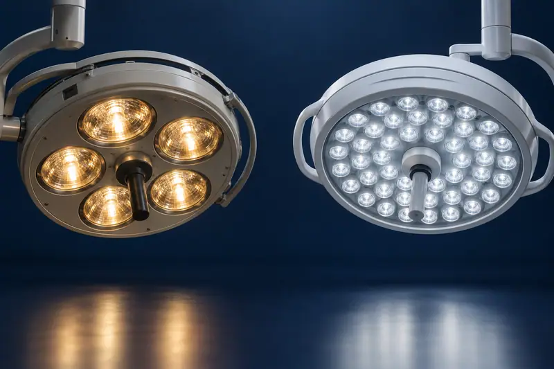 A warm halogen multi-reflector operating lamp head beside a cool-white LED surgical light dome