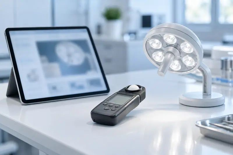 A tablet and a handheld light meter beside a small LED surgical light model on a clinical desk