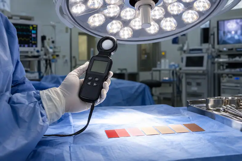 A gloved hand holding a lux meter sensor under an LED surgical light next to colour swatches