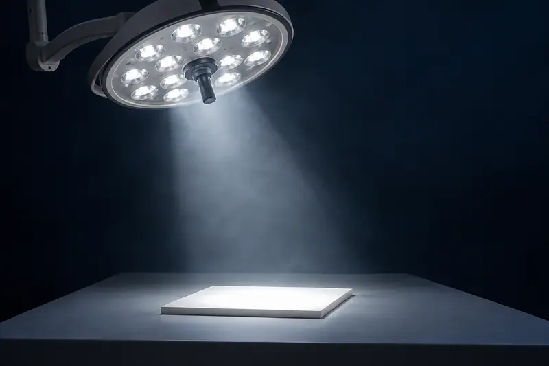 An LED surgical light projecting a defined cone of light onto a white target plate in a dark studio