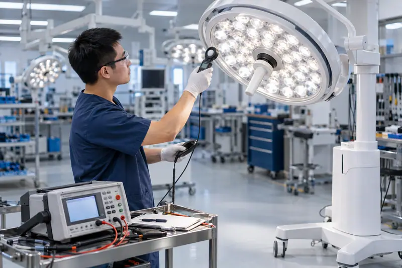 A biomedical engineer servicing an LED surgical light with an electrical safety tester on a trolley