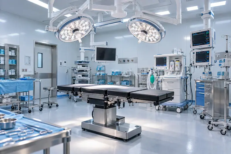 A fully equipped operating room with an operating table, dual LED surgical lights, ceiling pendants and monitors