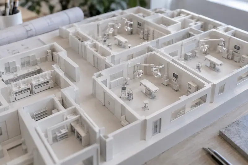 An architectural scale model of a hospital surgical suite showing operating room layouts and zones