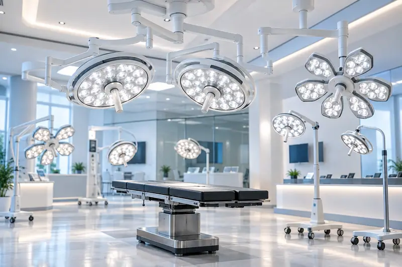 A bright operating room with ceiling-mounted and mobile LED surgical lights around an operating table