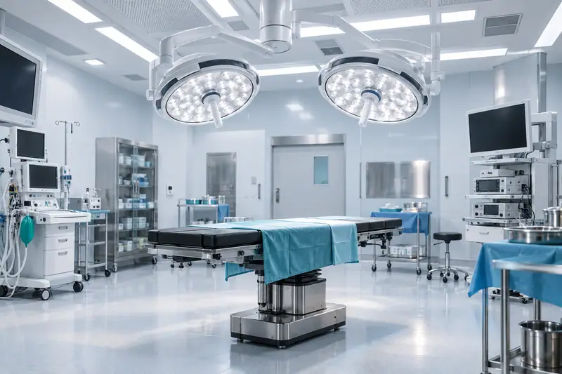 An operating table under a double-dome LED surgical light with a bright, even pool of light on the field
