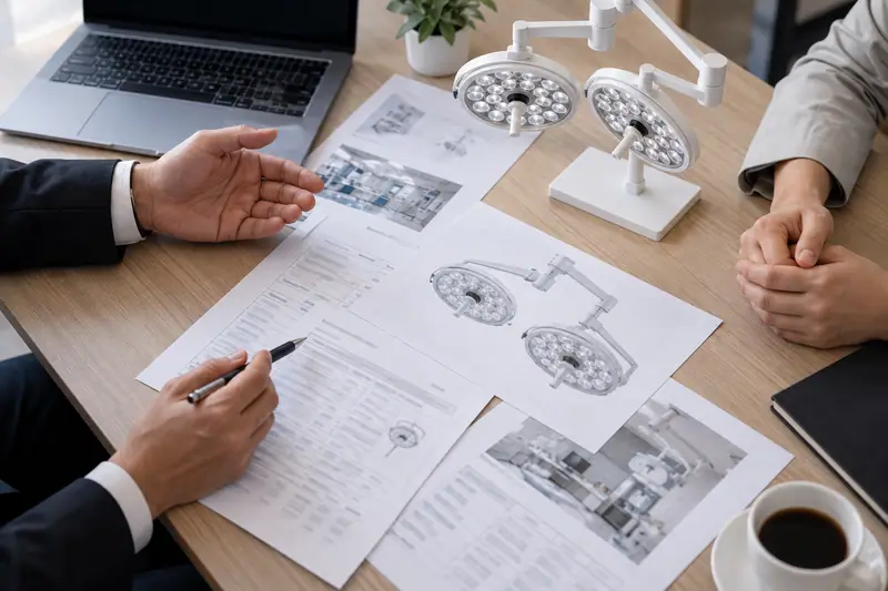 Buyers reviewing surgical light drawings and a quotation at a desk beside a small surgical light model