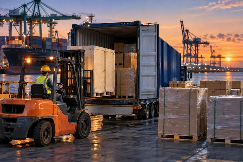 Export crates and palletised medical equipment being loaded into a shipping container at a port at dusk
