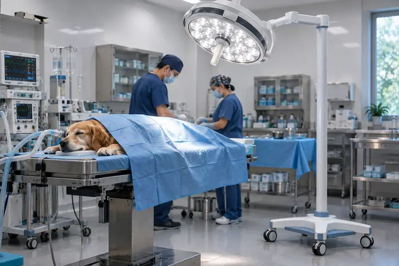 A veterinary team operating on a dog under a mobile LED surgical light on a wheeled stand