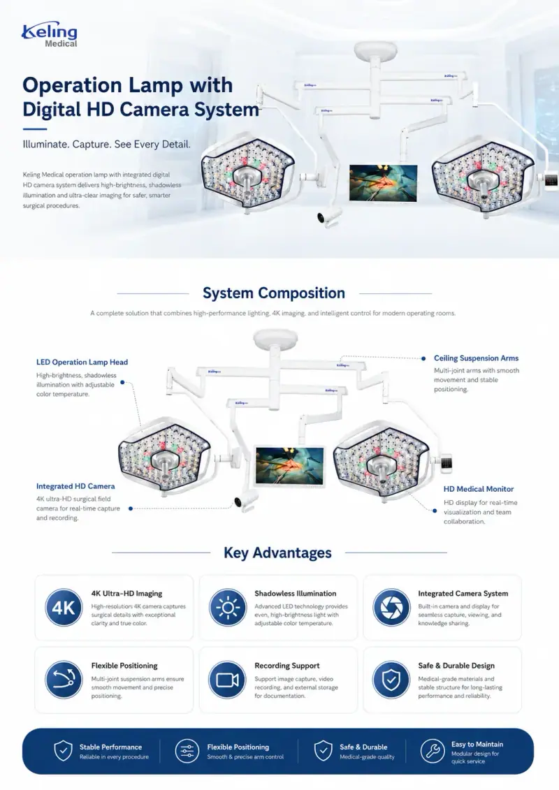 KL-LED-STR78&DTR78 system composition: LED lamp head, suspension arms, camera, HD monitor