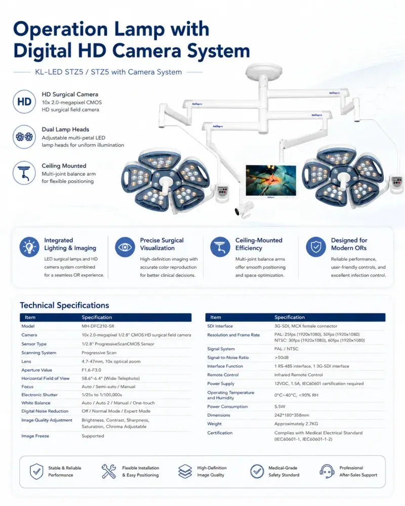KL-LED-STZ5 Camera System overview: dual lamp heads, HD camera, ceiling arms and HD monitor