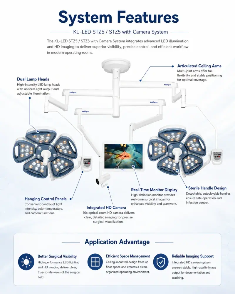 KL-LED-STZ5 system features: HD camera, dual lamp heads, ceiling mount and modern OR design