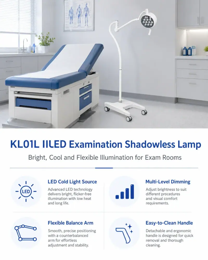 KL01L-IILED examination lamp features: LED cold light, dimming, flexible arm, detachable handle