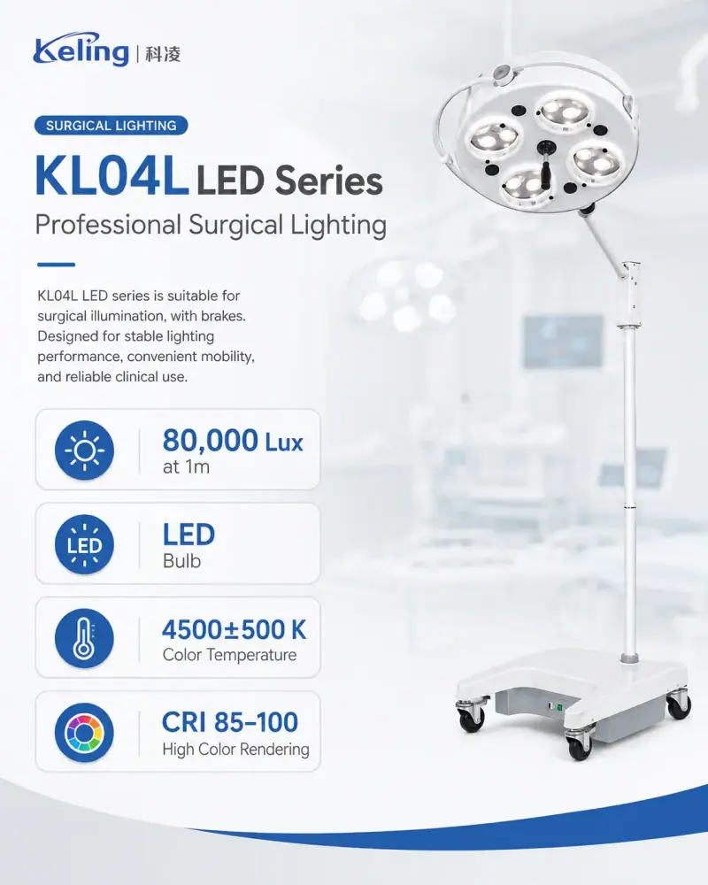 KL04L-LED series features: 80,000 lux, LED bulb, braking casters, 4500 K color temperature