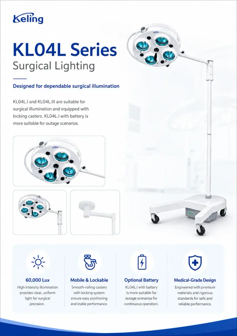 KL04L series features: 60,000 lux, mobile and lockable, optional battery, medical-grade design