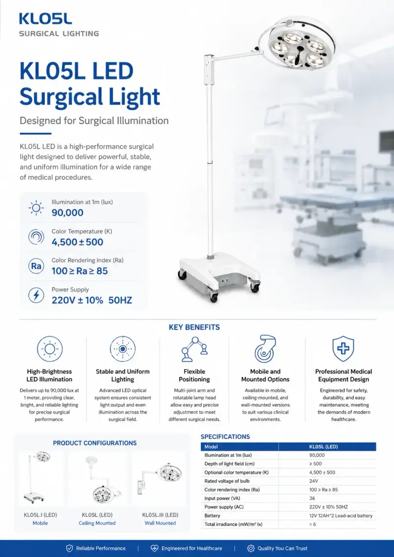 KL05L-LED features: 90,000 lux, stable and uniform lighting, flexible positioning, mobile and mounted options