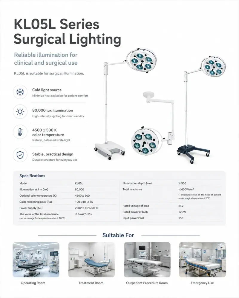 KL05L series features: cold light source, 80,000 lux, 4500 K, stable practical design